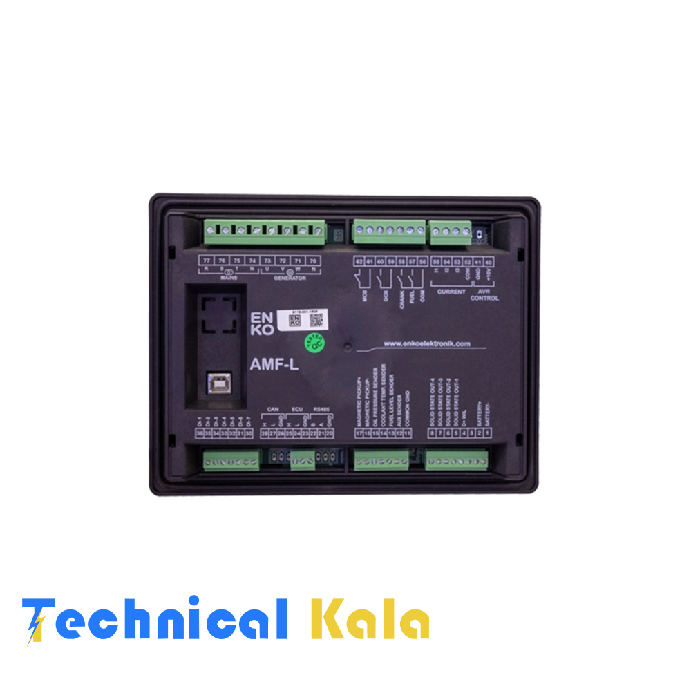 معرفی-ترمینال-های-برد-کنترلی-انکو-AMF-L1 معرفی ترمینال های برد کنترلی انکو AMF L مشخصات و ویژگی ها نمایشگر گرافیکی رنگی 2.8 اینچی ارائهی همزمان مقادیر حروفی و عددی به همراه نمایش گرافیکی همهی متغیرها و هشدارهای آلارم قابلیت تنظیم چند زبان از طریق MENU انتقال خودکار بار (LOAD) بین شبکه اصلی (Mains) و ژنراتور اندازهگیری ولتاژ سهفاز هم در شبکه و هم در ژنراتور اندازهگیری جریان بار ژنراتور سهفاز استارت خودکار موتور و محافظت کامل از آن تعداد 3 ورودی آنالوگ تعداد 7 ورودی دیجیتال تعداد 8 خروجی دیجیتال (4 خروجی رلهای و 4 خروجی حالت جامد) ورودی مگنتیک پیکاپ ورودی D+/WL ورودی تغذیه DC با محدوده گسترده 8 تا 32 ولت پورت ارتباطی CAN Bus J1939 جهت اتصال به ECU موتور یا کنترلرهای جانبی پورت پیکربندی USB 2.0 نوع B کانکتورهای سیگنال با نوع Plug-in ورودی عملکرد راهاندازی از راه دور (Remote-start function input) شمارنده ساعت کارکرد برای نگهداری آسان حافظه ذخیرهسازی لاگ هشدارها و رویدادها صفحه کلید سیلیکونی با کلاس حفاظت IP65 در سمت جلویی به همراه واشر آببندی همخوانی با استانداردهای ایمنی EMC (EN61000-6-2 و EN61000-6-4) ایمنی الکتریکی بر اساس استاندارد EN60950 شرایط دما و رطوبت مطابق با EN60068-2-30 استاندارد احتراق: UL94 ابعاد کلی: 205 میلیمتر × 158 میلیمتر × 45 میلیمتر اندازه برش پنل: 182 میلیمتر × 135 میلیمتر